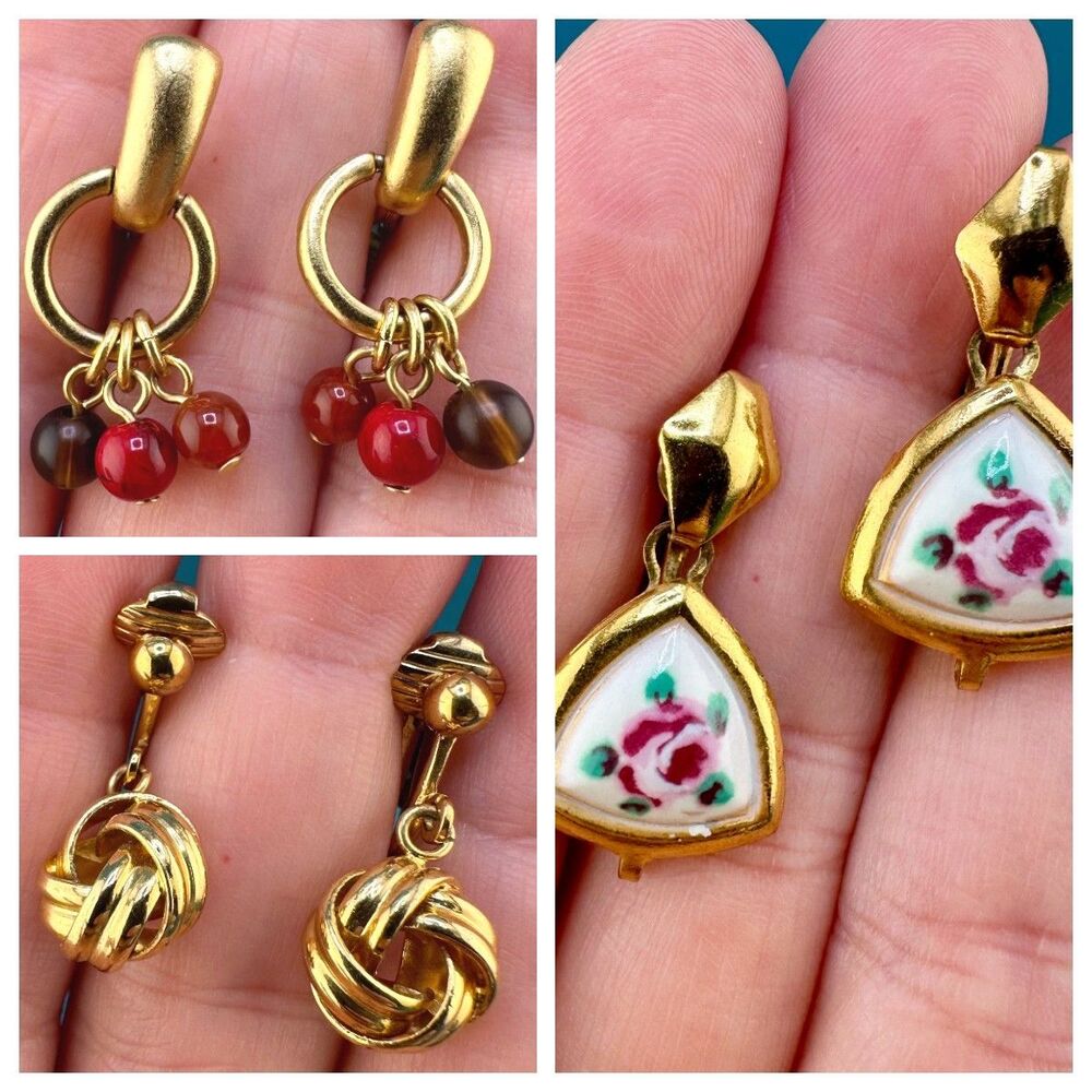 Vintage Dangle Earrings Lot Clip On Monet Red Bead Rose Flower Twisted Knot